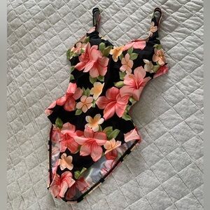 Vintage Y2K pink tropical hibiscus flower one piece bathing suit